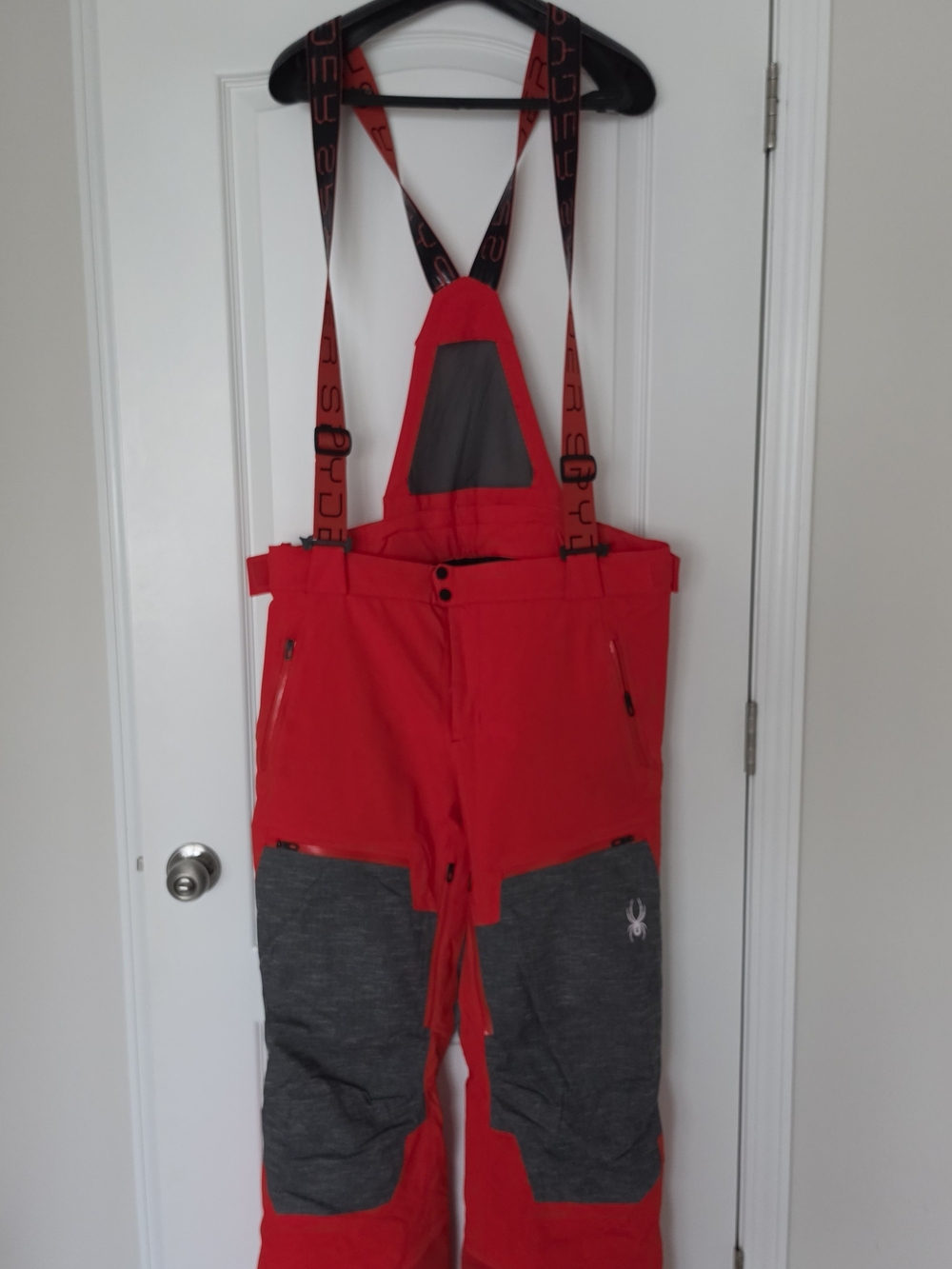 Spyder Men's Red Ski Bib Propulsion  Pants with Gray Knee Panels